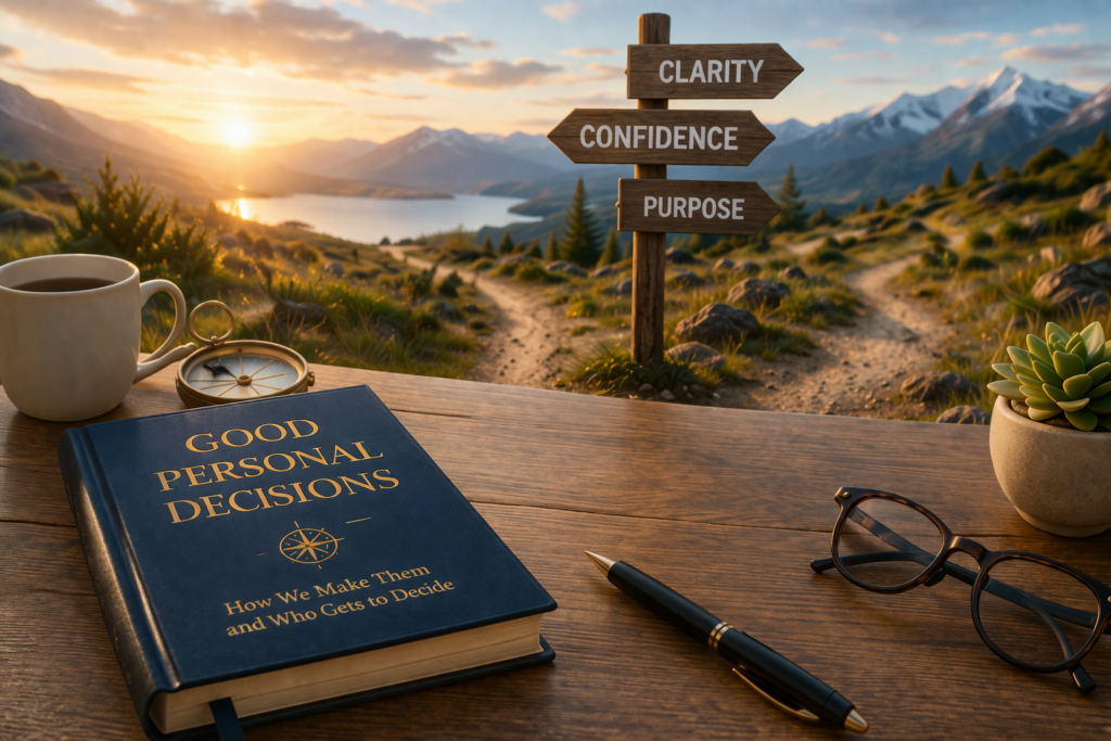 A book on "Good Personal Decisions" with a scenic mountain sunrise and signpost showing clarity, confidence, and purpose.
